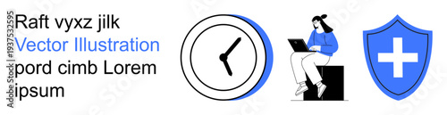 Digital security, time management, productivity, remote work, online communication, healthcare. Woman using laptop, shield with cross and clock. Digital security and time management focus
