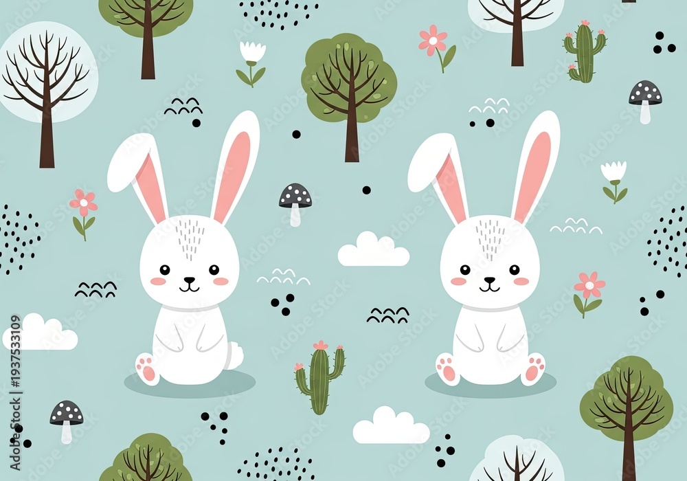 Fototapeta premium Cute pattern of bunnies and trees with flowers and clouds on mint background
