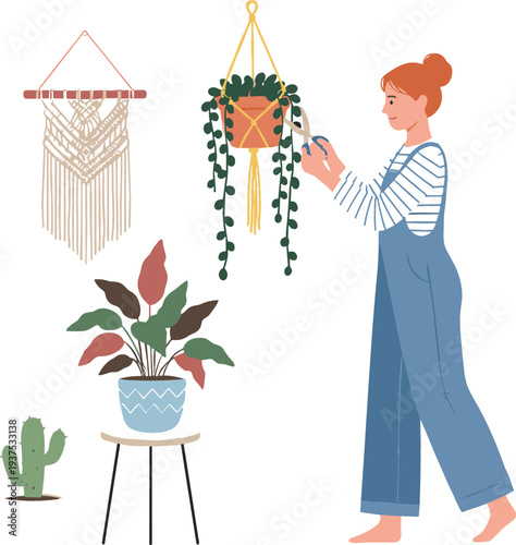 Flat vector illustration of a woman pruning hanging plants in a modern home interior gardening setting