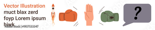 Conflict resolution, decision-making, communication barriers, teamwork, brainstorming, interpersonal dynamics. Red and green boxing gloves, raised hand speech bubble with a question mark. Conflict