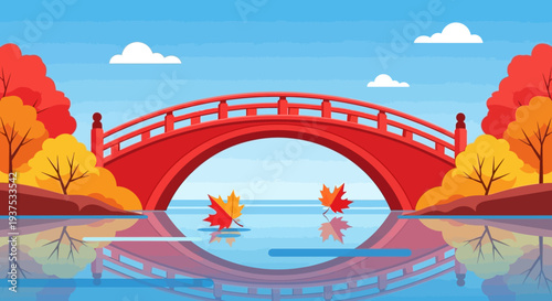 Red bridge over water with autumn leaves