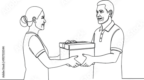 Continuous one line drawing of a man giving a gift box or delivery package to a woman
