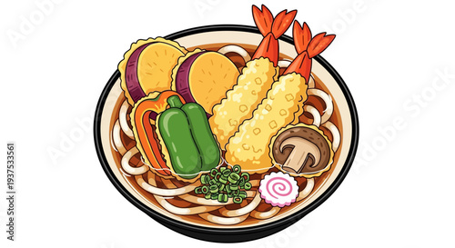 Udon Noodle Soup with Shrimp Tempura and Vegetables