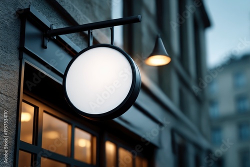 A blank circular sign with a black frame hangs on a textured building above a storefront A blurred light illuminates the background