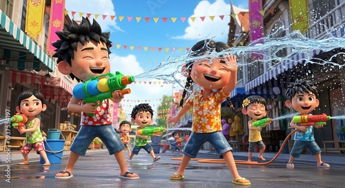 Kids Enjoying Water Fight in Colorful Summer Street Festival