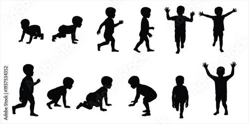 Silhouettes of a Child's Developmental Stages From Crawling to Standing baby walking