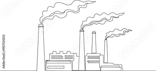 Continuous one line drawing of industrial factory buildings with smoke stacks emitting clouds into the air
