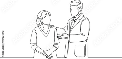 Continuous one line drawing of a male doctor comforting an elderly female patient during a medical consultation