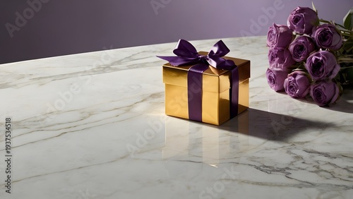 Luxury Gift Box With Purple Ribbon On Marble