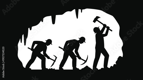 Silhouettes of miners working in a cave with pickaxes and hammers mining underground