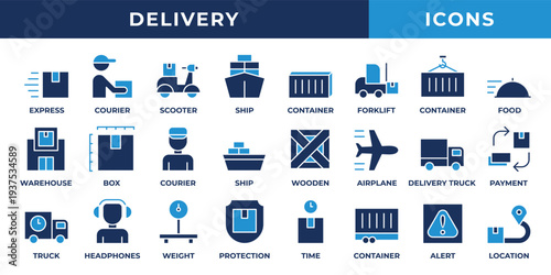 Delivery icon set. Contains blue icons related to express, courier, container, truck, location, and more.