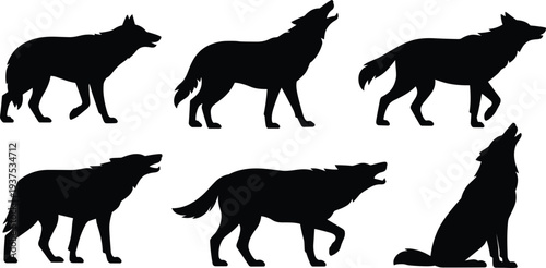 Six Black Silhouettes of Wolves in Different Poses Including Howling and Walking wolf animal