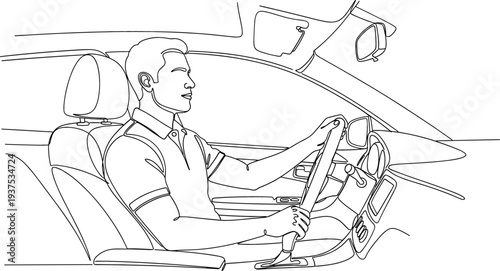 Continuous one line drawing of a young man driving a modern car while holding the steering wheel firmly