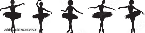 Silhouette of a little girl in a tutu dress doing a ballet pose, elegant lines. Set of 5 ballerina silhouettes vector