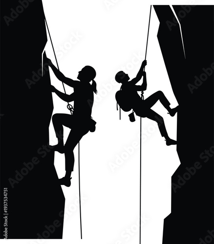 Rock climbing silhouette icons, mountaineer rappelling vector illustrations, extreme outdoor adventure sports, minimalist cliff climbing activity graphics, isolated mountain ascent