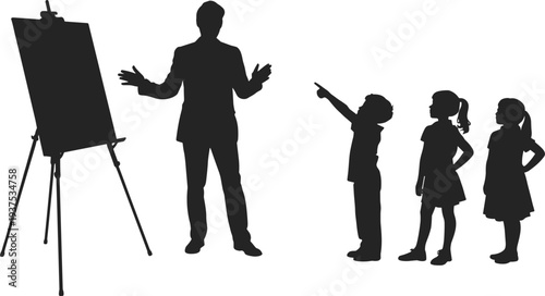 Teacher with Easel and Children Silhouettes in a Classroom Setting kids students
