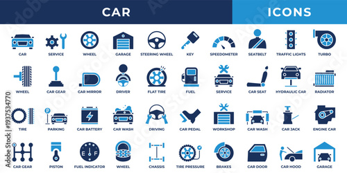 Car icon set. Contains blue icons related to service, wheel, garage, key, speedometer, and more.