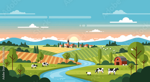 Rural landscape with farm, cows, river and village