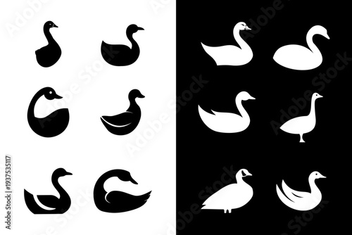 Goose icon cygnet swan silhouette set isolated graphic