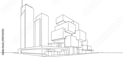 Continuous one line drawing of modern city skyscrapers and abstract architectural building blocks for urban development projects