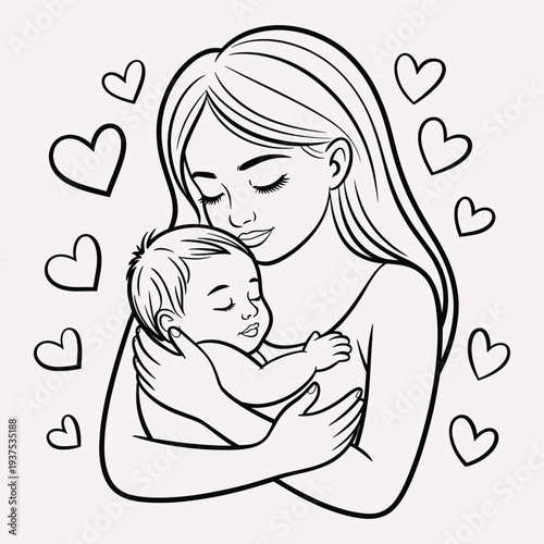 Loving mother holding her baby surrounded by hearts warmly