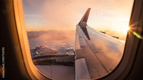 Airplane wing view over snowy mountains at golden sunset