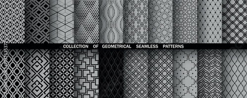 Geometric set of seamless black and gray patterns. Simple vector graphics
