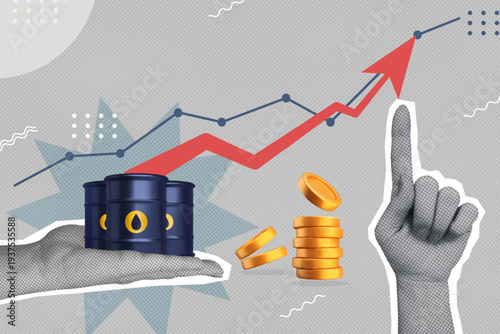 Growth of oil price collage with halftone hand holding oil barrels. Business, finance and crisis concept. Vector illustration with 3D realistic elements on textured background