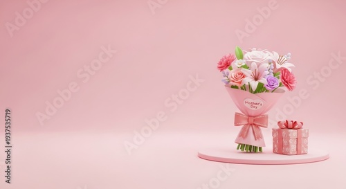 Beautiful Mother’s Day Bouquet and Gift on Soft Pink Background