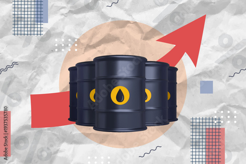 Oil price growth illustration. 3D realistic oil barrels on paper texture background. Vector design, economic crisis concept