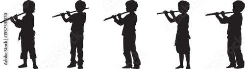 Black silhouette of a child playing a flute or recorder, standing pose, artistic profile. Set of 5 black silhouette people playing trumpets vector