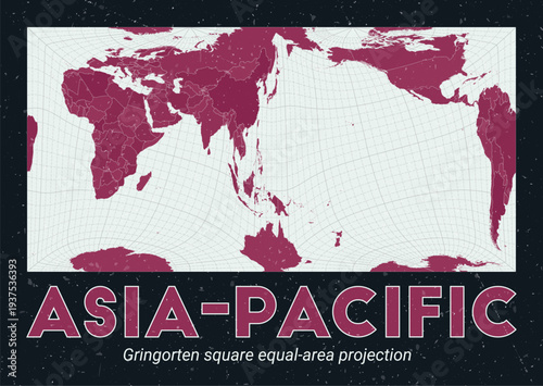 Asia-Pacific. World map. Gringorten square equal-area projection centered to Asia-Pacific. Pale Mint Dark Pink palette. Vintage texture. Elegant vector illustration.