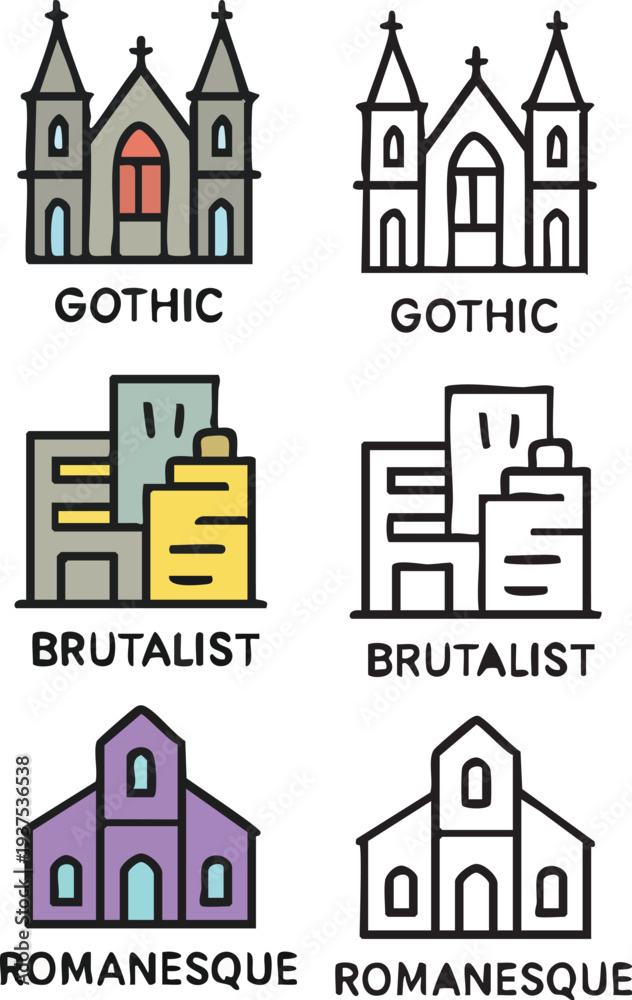 Obraz premium Architectural Styles Gothic Brutalist Romanesque Illustrations.