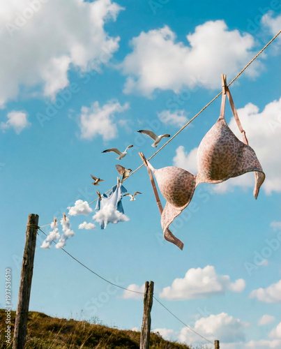 Pink polka dot bra hanging on outdoor clothesline with birds in blue sky for lifestyle fashion blogs websites summer campaigns advertising laundry concepts and outdoor living copy space