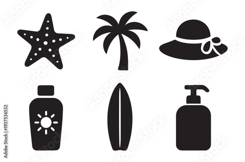 black silhouettes of beach and summer icons on white background