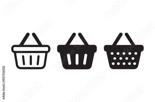 three shopping baskets icons in different styles