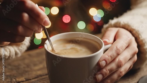 Hand stirring coffee in white mug against festive bokeh lights.