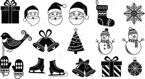 Comprehensive collection of black and white Christmas icons featuring Santa Claus, snowmen, snowflakes, gift boxes, bells, winter mittens, ice skates, and holiday tree silhouettes.