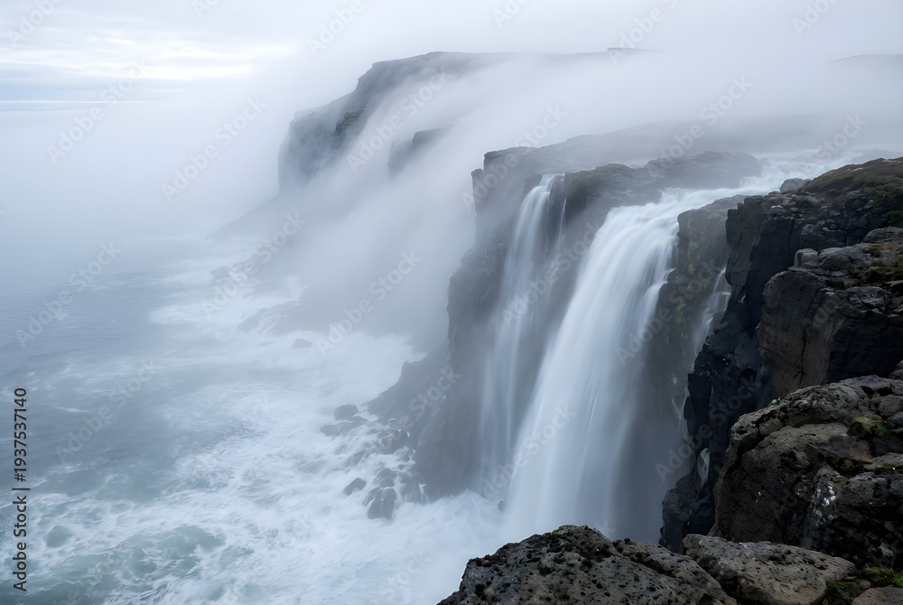 Fototapeta premium Dense ocean fog rolling dramatically over steep coastal cliffs like slow motion waterfall mist