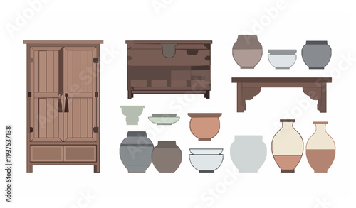 Traditional Korean Furniture and Ceramic Pottery Minimal Vector Collection
