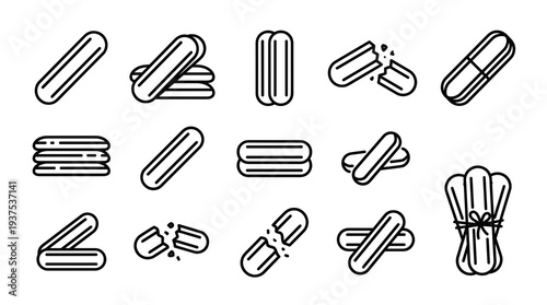 Ladyfinger biscuits vector line art set. Collection of stacked, broken, crossed, and ribbon tied sponge cookies. Simple outline Italian pastry icons for bakery menu design.