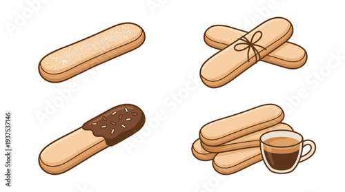 Ladyfinger biscuits vector illustration. Chocolate dipped sponge cookie, ribbon tied pastries, and stack with coffee cup. Delicious Italian bakery dessert for sweet food design.