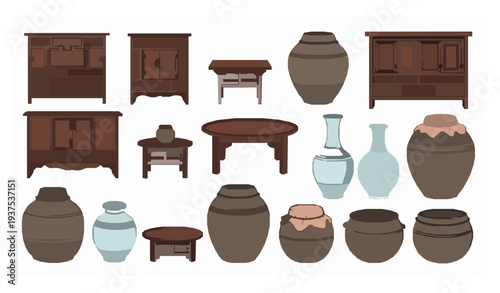 Hand Drawn Korean Traditional Furniture and Pottery Illustration Set