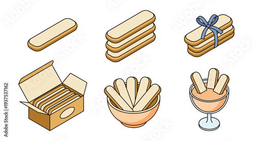 Ladyfinger biscuits vector pack. Sweet pastry in gift box, ribbon bundle, bowl, and dessert glass illustration. Italian bakery sponge cookie collection for cafe menu design.