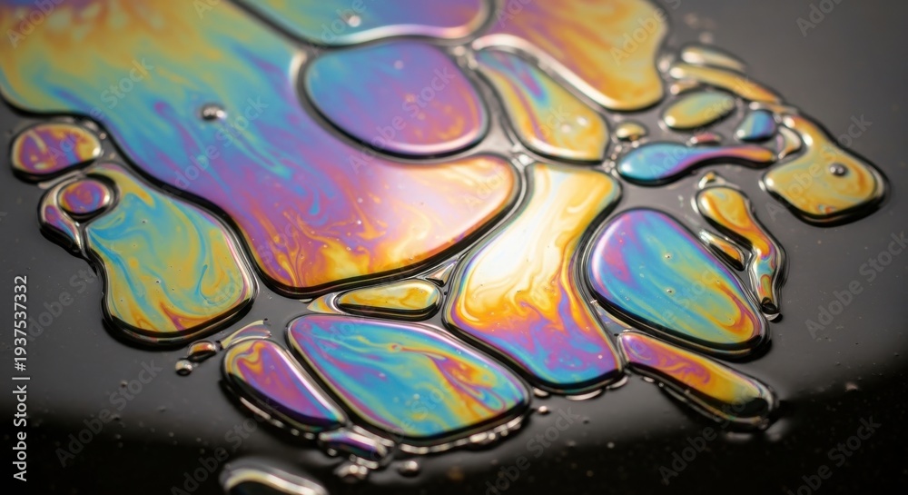 Obraz premium Close up of iridescent oil slick patterns with vibrant, swirling colors reflecting light on a fluid surface.