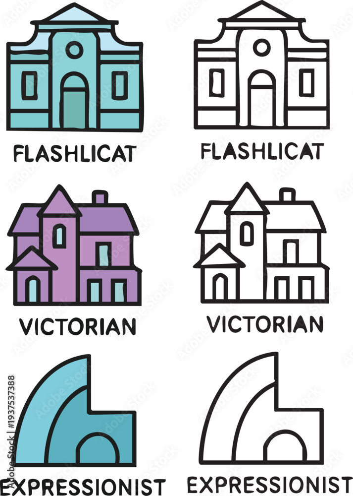 Fototapeta premium Architectural Styles Illustrated Vector Graphics.