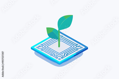 A green sprout growing from a blue circuit board design