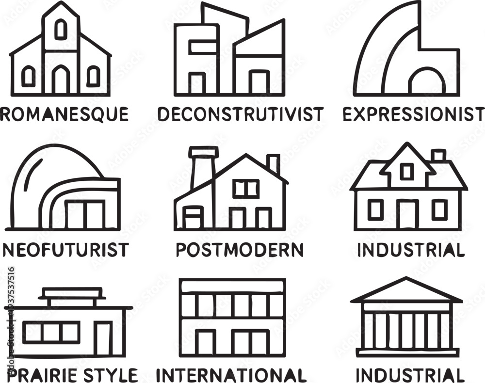 Naklejka premium Architectural Styles Line Art Collection 2.