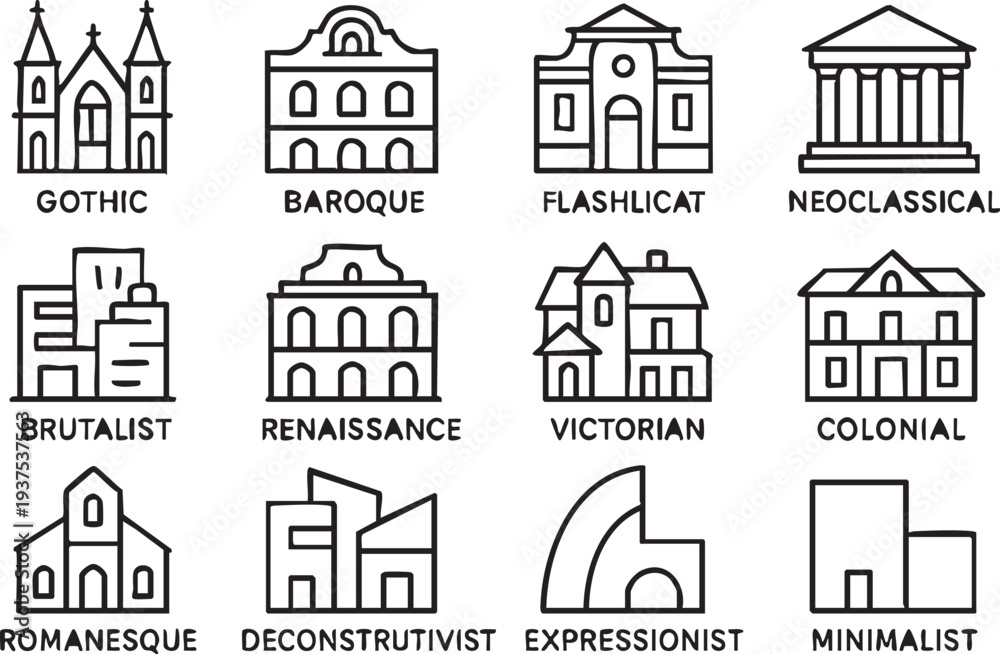 Fototapeta premium Architectural Styles Line Art Illustrations.