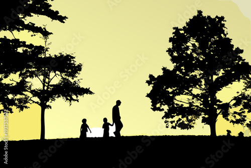 Family silhouette walks towards a bright hazy sunset with trees